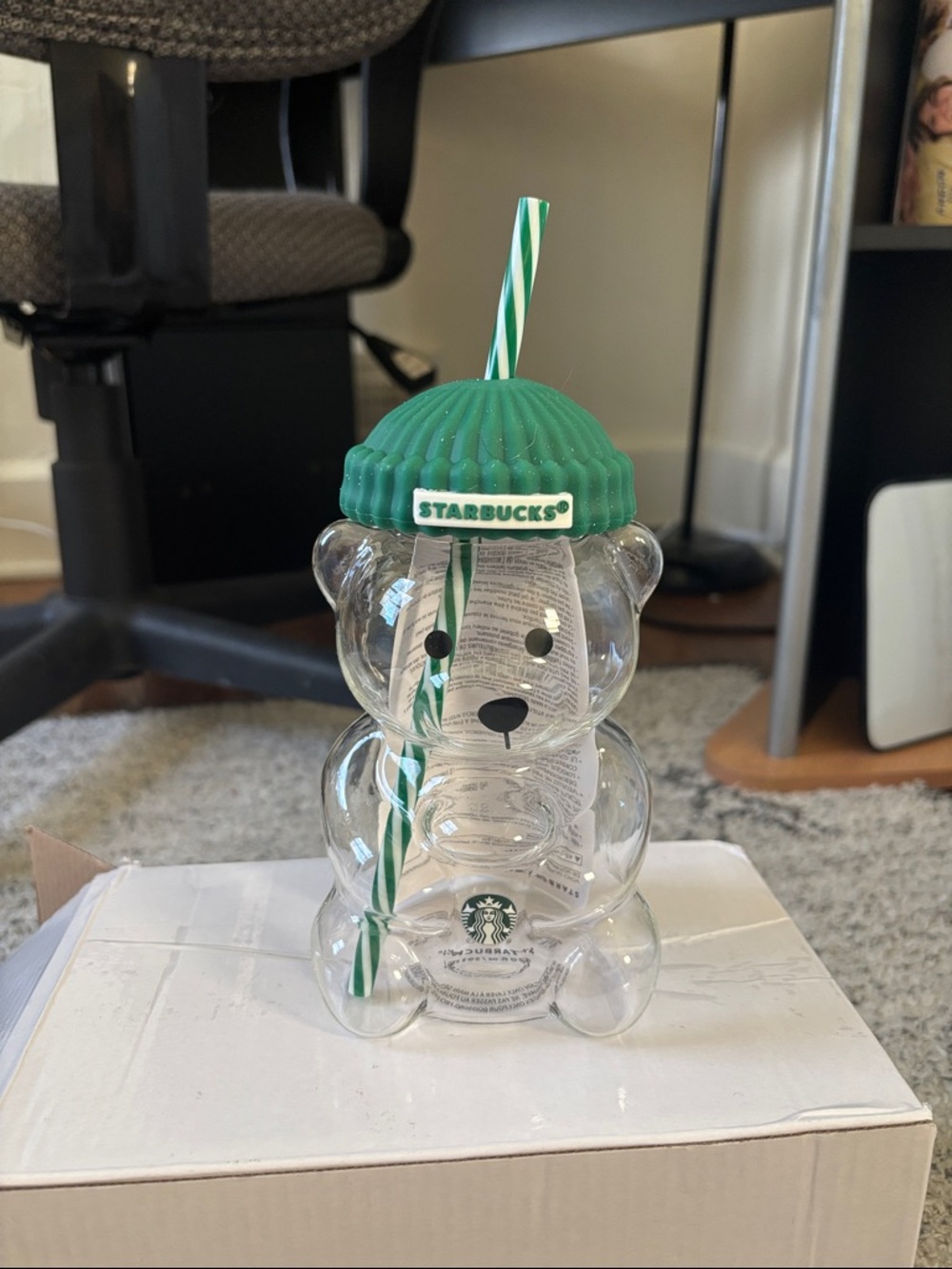 Starbucks Clear Bear Tumbler with Green Beanie and Green-White Straw